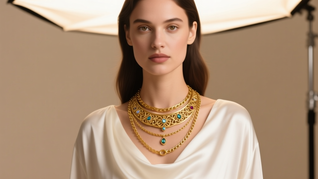 Model wearing a layered ancient roman necklace and 14k gold figaro chain over a white silk blouse, lit by soft studio lighting