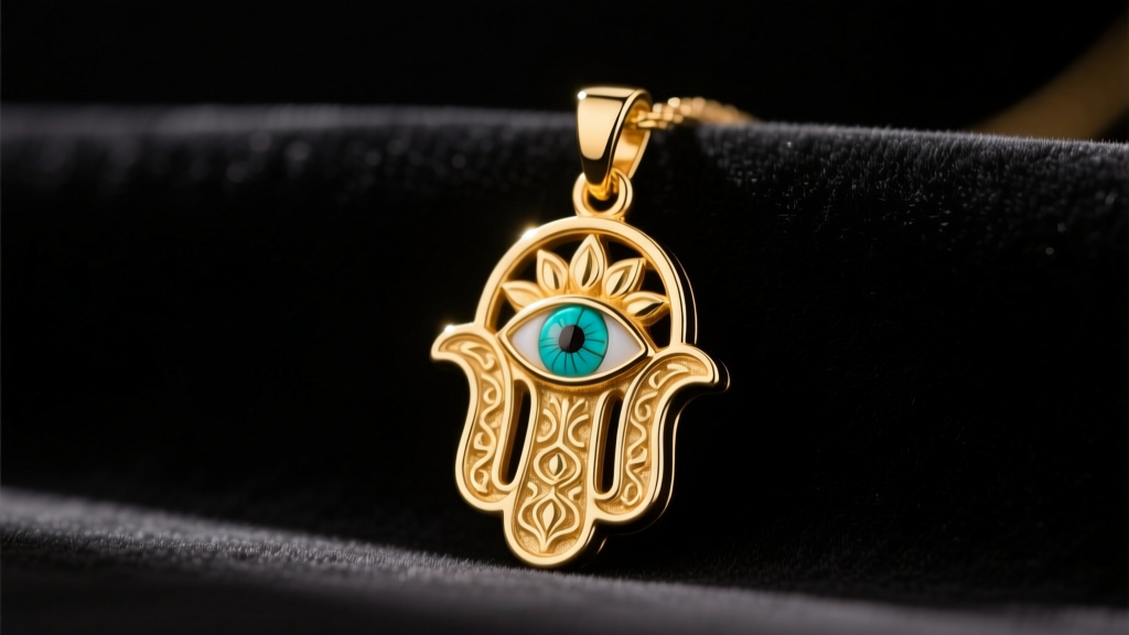 14k gold Hamsa pendant featuring a turquoise evil eye center and Hebrew text, resting on dark velvet under warm studio lighting.