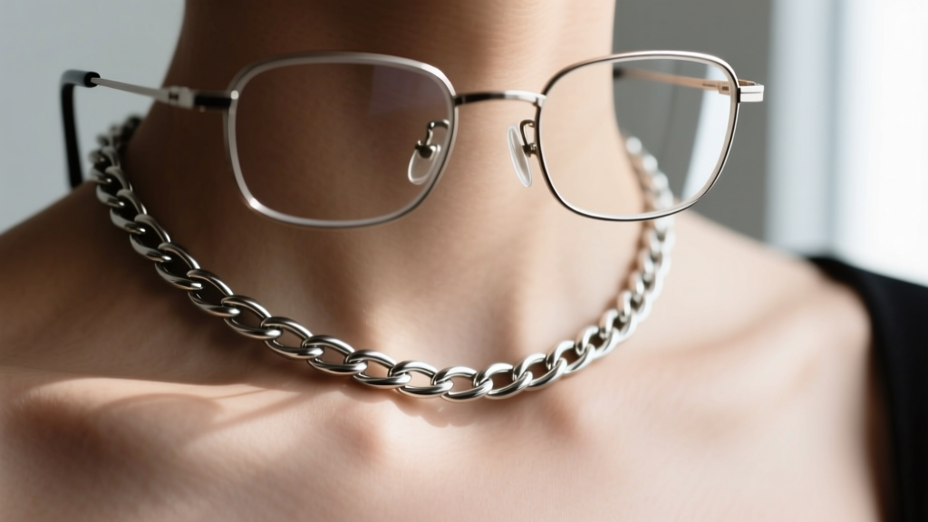 Close-up of a 2mm stainless steel rope chain resting on a collarbone, positioned safely below the bottom rim of wire frames