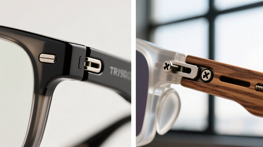 Side-by-side macro comparison of standard TR90 plastic smart glasses hinges versus modular bio-acetate hinges with visible repair screws