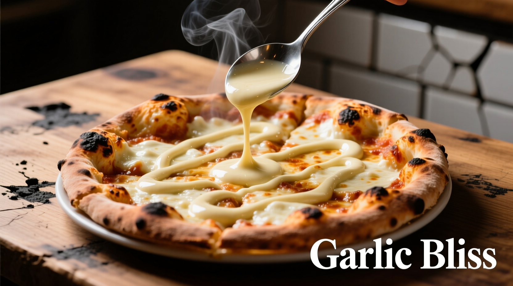 Creamy garlic sauce being drizzled on pizza