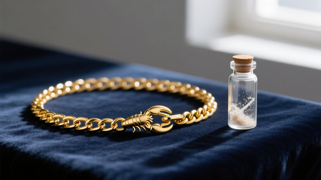 14k yellow gold box chain with a secure lobster clasp, laid flat next to a small sealed glass vial of pet cremains on velvet