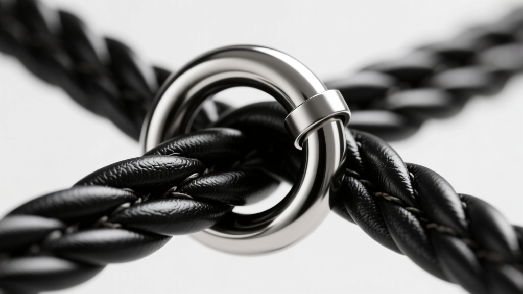 Close-up of a stainless steel O-ring slider securing a black leather lariat knot, highlighting the metal finish and the drape