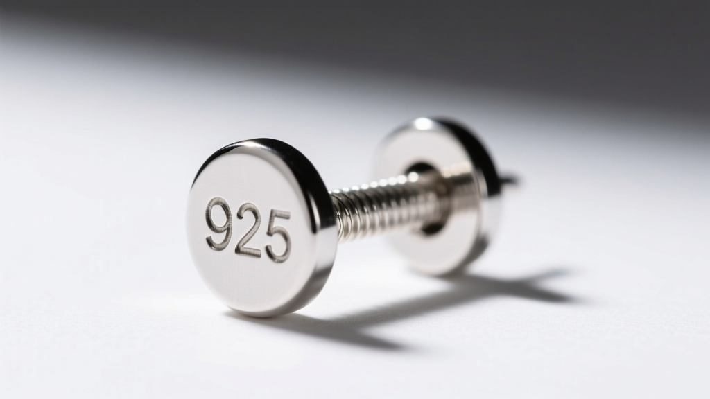 Close-up of a sterling silver earring post showing the 925 hallmark stamp and a secure threaded screw backing mechanism in silver