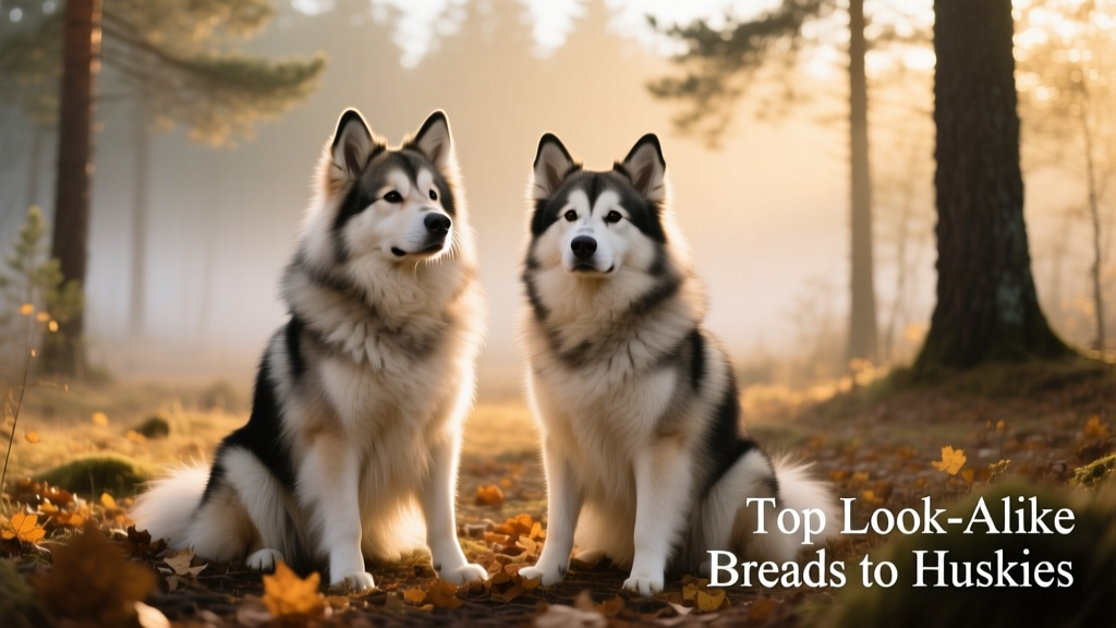 A Eurasier and a Finnish Lapphund sitting side by side, both showcasing fluffy coats, alert expressions, and classic Northern breed structure