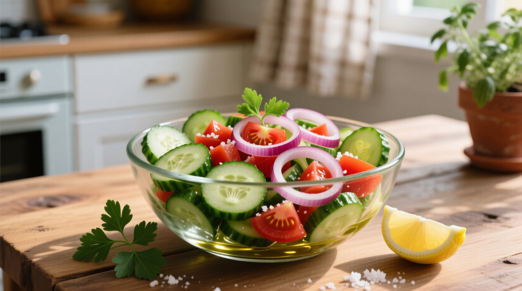 Fresh cucumber tomato onion salad in glass bowl