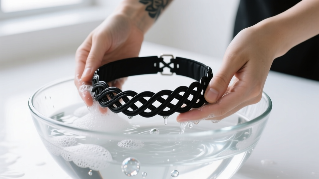 Hands washing a black nylon tattoo choker in a glass bowl of soapy water, highlighting the intricate woven plastic pattern.