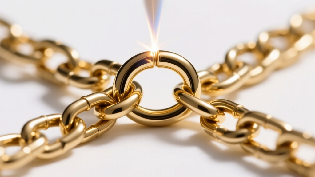 Macro photo of a laser-welded jump ring on a 14k gold box chain, showing the precise solder point and metallic link tension.