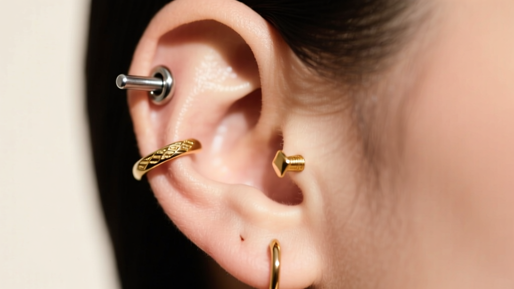 Close-up of a curated ear with 16g titanium helix hoops, 18g conch stud, and a gold rook ring under soft, warm studio light