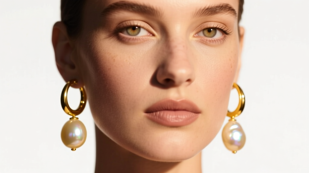 Close-up of a model wearing 18k yellow gold hoop earrings with asymmetric baroque pearls under soft, warm studio lighting.