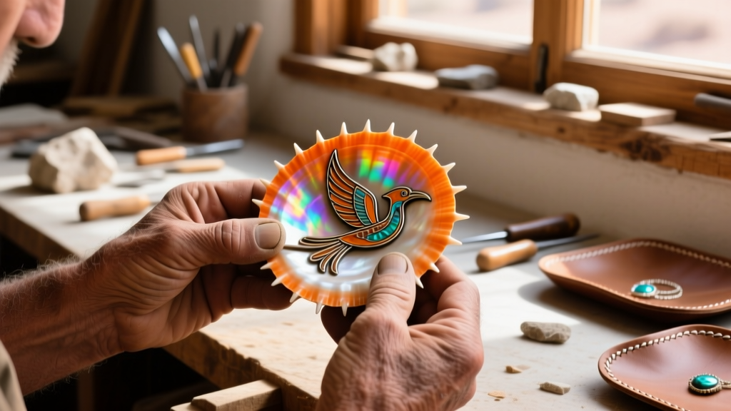 Artisan hands polishing a vibrant orange spiny oyster shell thunderbird inlay piece in a sunlit New Mexico jewelry workshop.