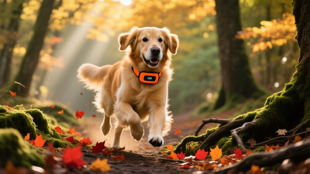 A golden retriever wearing a bright orange GPS collar tracker while running through a densely wooded trail during autumn