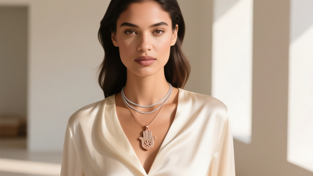 Model wearing a 20mm rose gold hamsa hand of fatima pendant layered with a fine chain over cream silk in bright natural daylight
