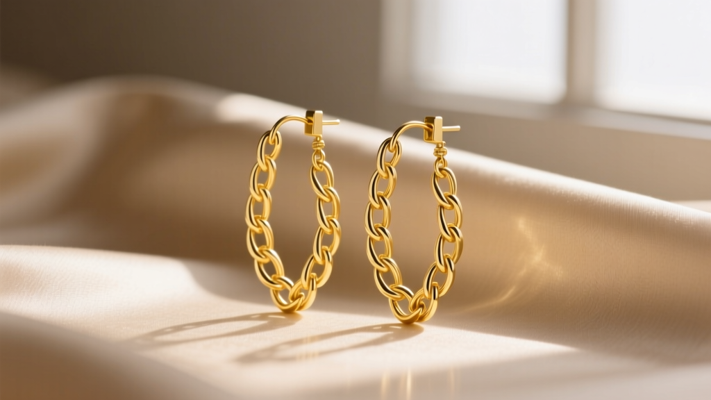 Close-up of 14k yellow gold herringbone chain drop earrings catching light, featuring fluid V-shaped links against soft beige silk