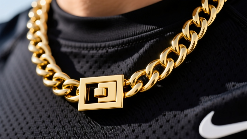 Close-up of a 14k solid yellow gold Cuban link chain on a dark athletic jersey, highlighting polished links and a sturdy box clasp