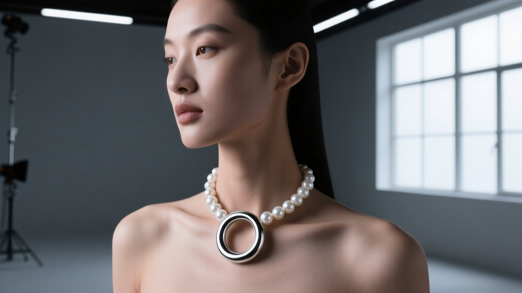Model wearing a white freshwater pearl necklace dog collar with a heavy silver O-ring under moody studio lighting