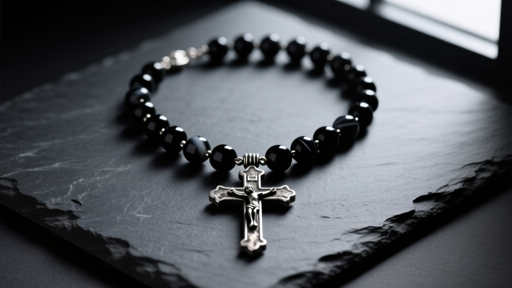Flat lay of a matte black onyx rosary necklace with an oxidized sterling silver crucifix on dark slate, moody lighting
