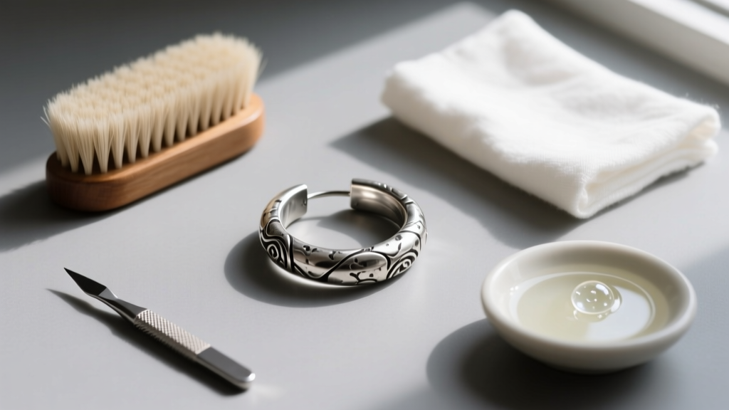 Flat lay of jewelry tools: soft horsehair brush, cotton cloth, and mild soap beside an oxidized sterling silver hoop earring.