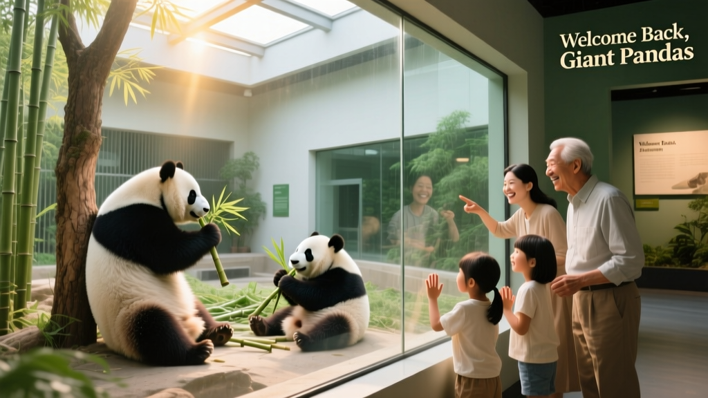 Families watching pandas through glass viewing panels at a modern zoo exhibit