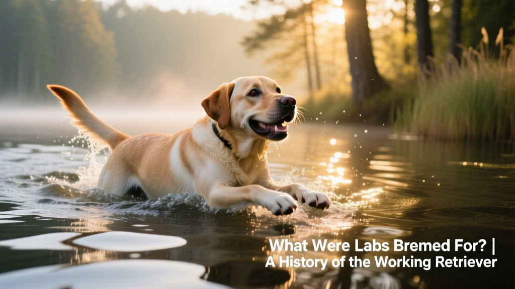 A happy Labrador Retriever swimming confidently in clear lake water, head held high and tail wagging