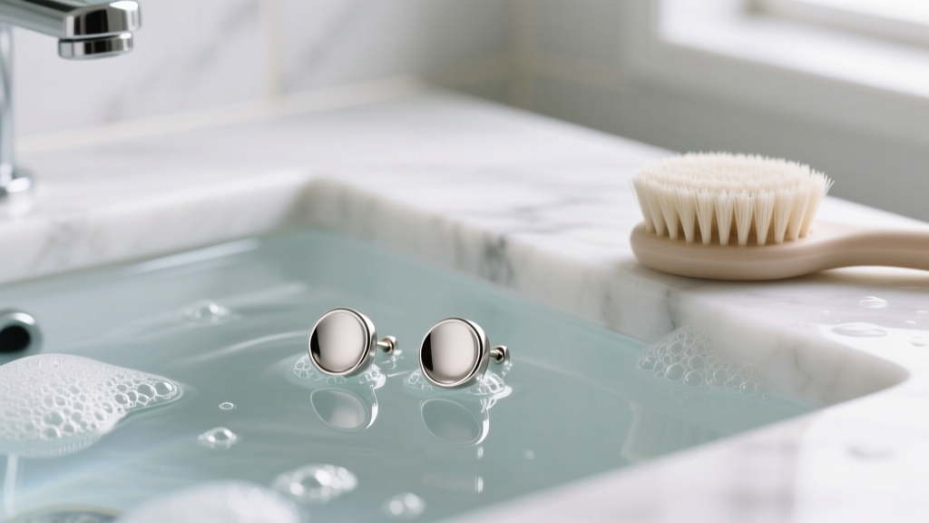 Titanium stud earrings soaking in soapy water beside a soft-bristled cleaning brush on a clean white marble bathroom counter