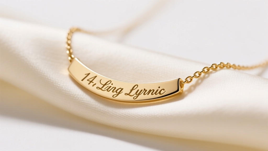 Macro shot of 14k gold lyric necklace on cream silk, showing detailed cursive laser engraving and a delicate 1mm gold cable chain link