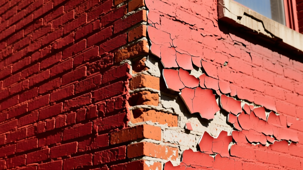 Weathered red brick exterior wall being treated with a penetrating mineral stain next to a peeling painted brick section