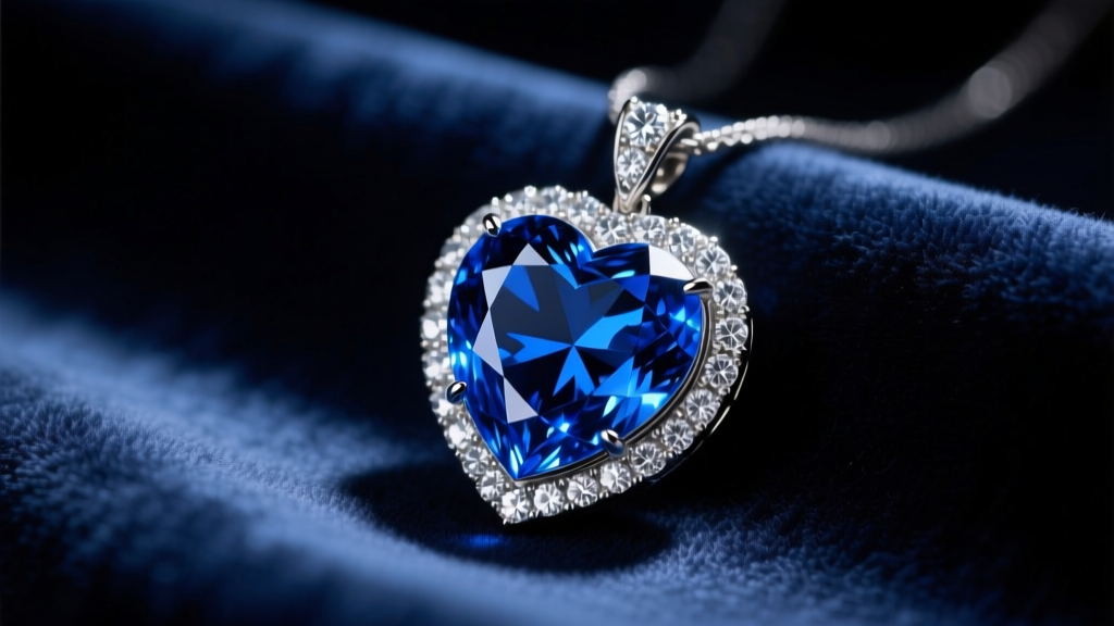 Close-up of a blue sapphire heart pendant with a diamond halo resting on dark navy velvet under dramatic, moody spotlighting
