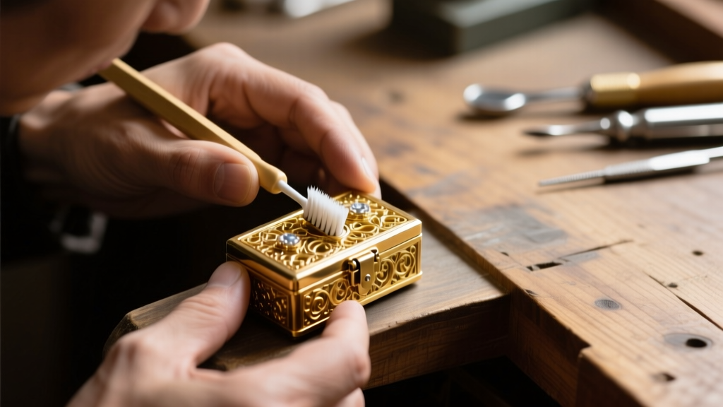 Close-up of a jeweler using a soft toothbrush to clean a gold box clasp mechanism on a wooden workbench under focused lighting.