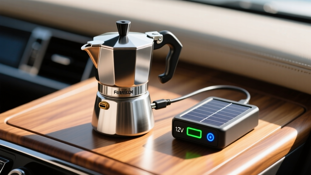 Close-up of a portable USB-C electric espresso maker charging via a 12V marine solar charge controller on a teak dashboard.
