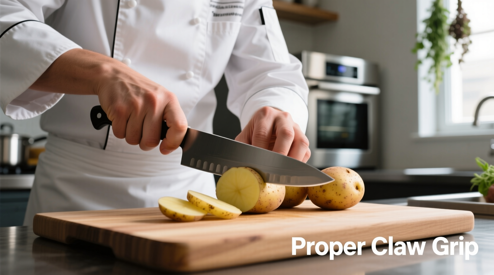 Chef demonstrating proper claw grip while dicing potatoes