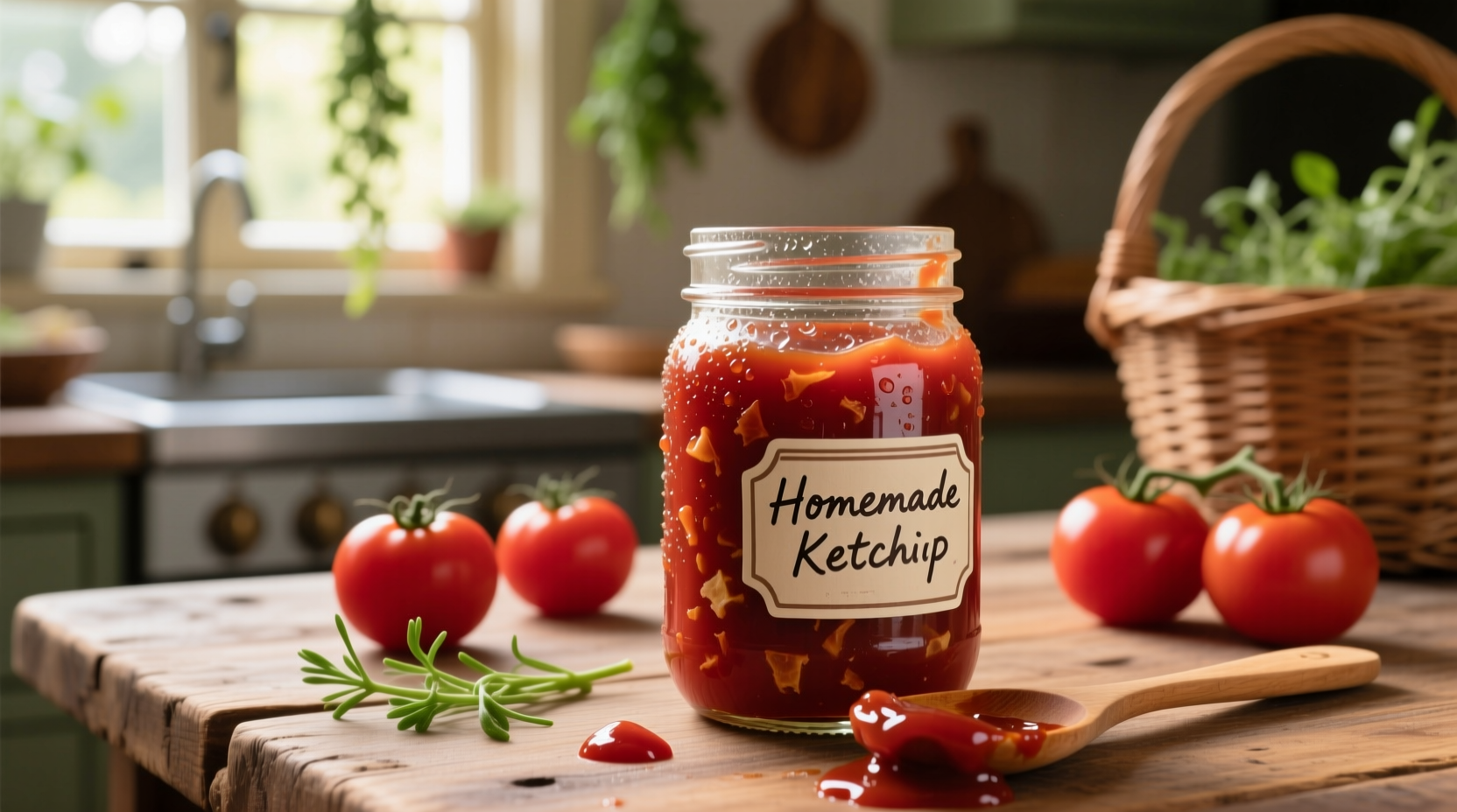 Homemade ketchup in mason jar with fresh tomatoes