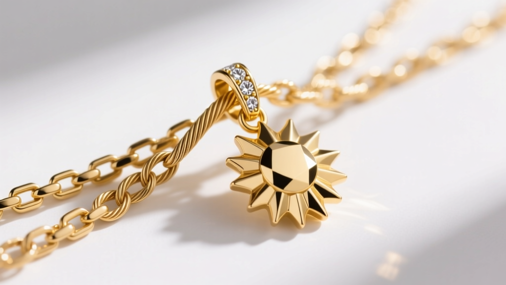 Macro shot of a 1.2mm gold box chain and 1.5mm cable chain threaded through the diamond-cut bail of a sunburst gold pendant