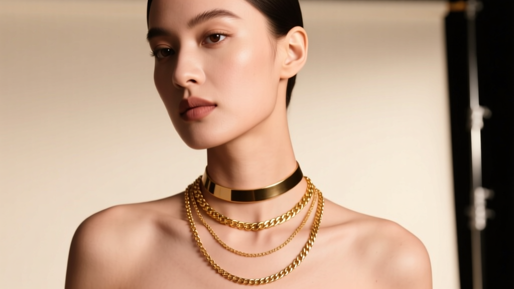 Profile of a model wearing a layered stack with a 14-inch choker, 16-inch princess, and 18-inch matinee chain in warm gold tones.