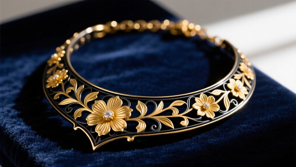 Close-up of a vintage Toledo Damascene necklace with 18k gold floral inlay on blackened steel, resting on dark velvet.