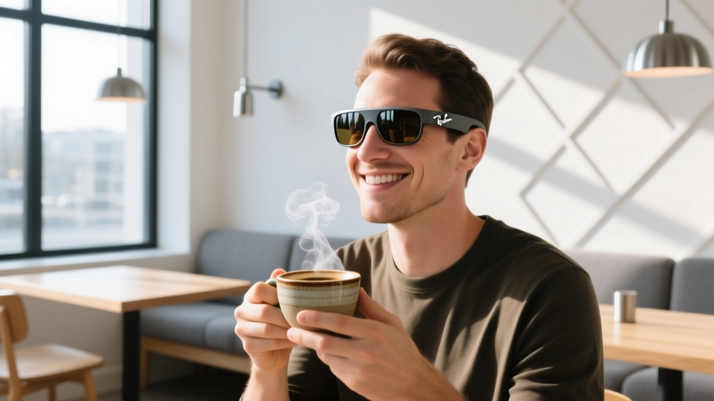 Visually impaired man wearing Ray-Ban Meta smart glasses smiling while holding a coffee cup in a modern brightly lit cafe environment
