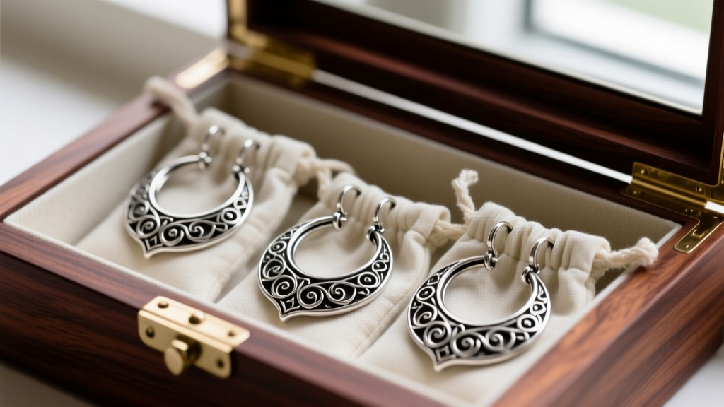Inside a cedar-lined jewelry box with anti-tarnish fabric pouches holding thick, ornate gothic sterling silver hoop earrings.