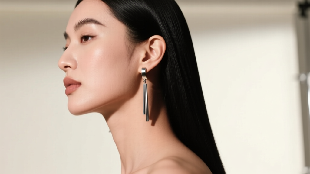 Side profile of a model wearing long aluminum shoulder duster earrings grazing the collarbone under soft directional studio light