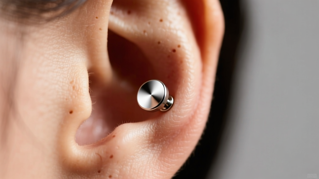 Macro shot of a clean earlobe piercing wearing an implant-grade titanium flat-back stud under soft, warm indoor lighting.