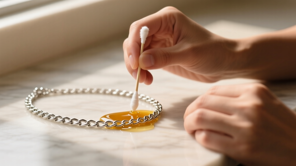 Hands applying microcrystalline wax to a cheap chain necklace with a cotton swab to prevent oxidation and skin discoloration