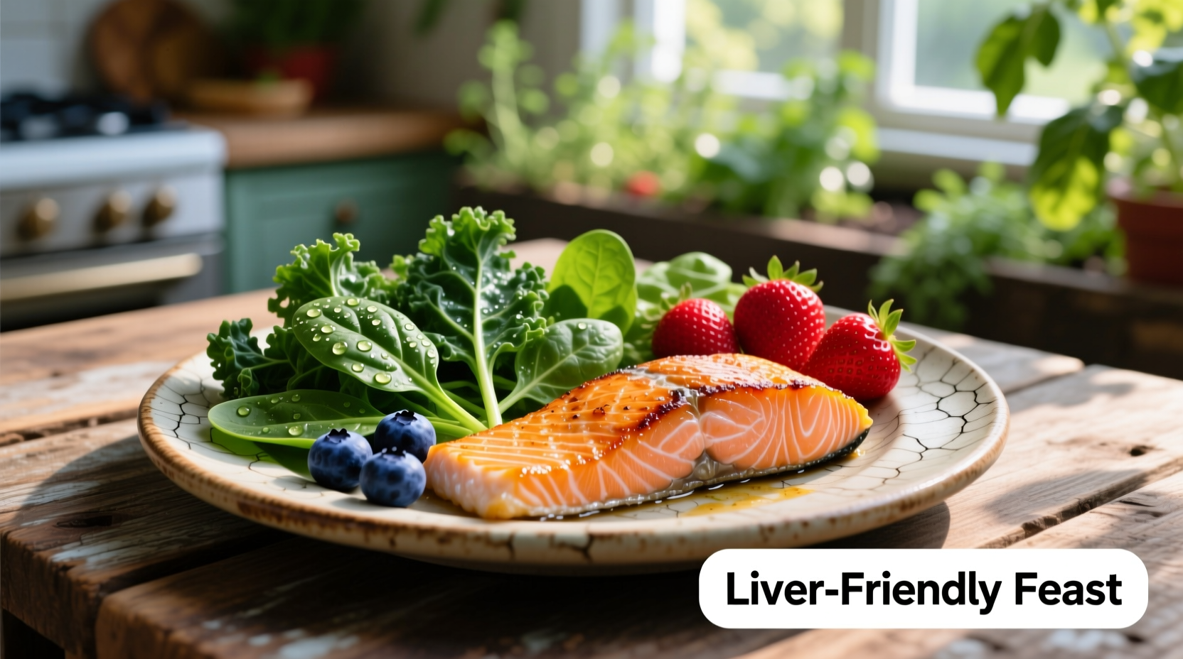 Colorful plate of liver-healthy foods including leafy greens, berries, and salmon