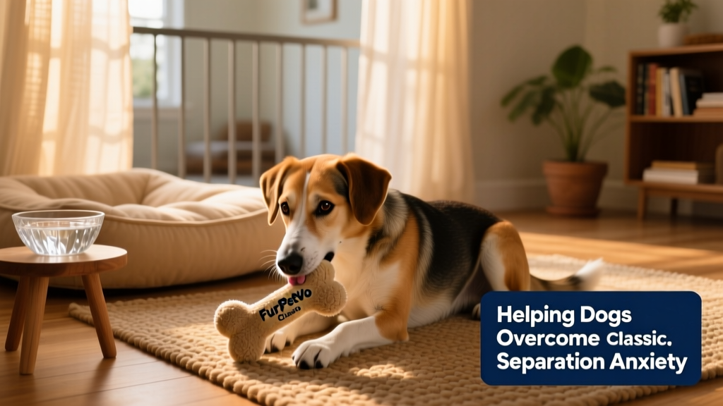 A dog calmly interacting with a FurPetVo Classic Toy inside a softly lit, gated room with a plush bed and water bowl visible