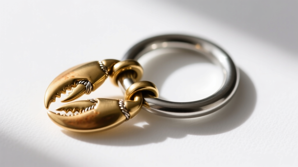 Macro photography of a 12mm brass lobster clasp attached to a 20-gauge jump ring, showing the mechanical gap and soldered seam.