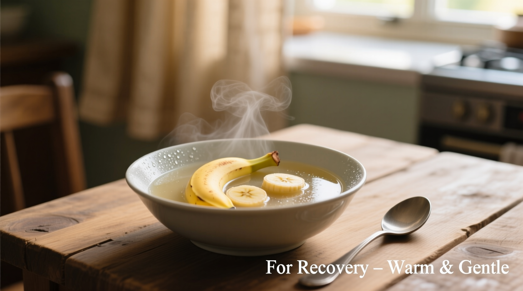 Bowl of clear broth and bananas for food poisoning recovery