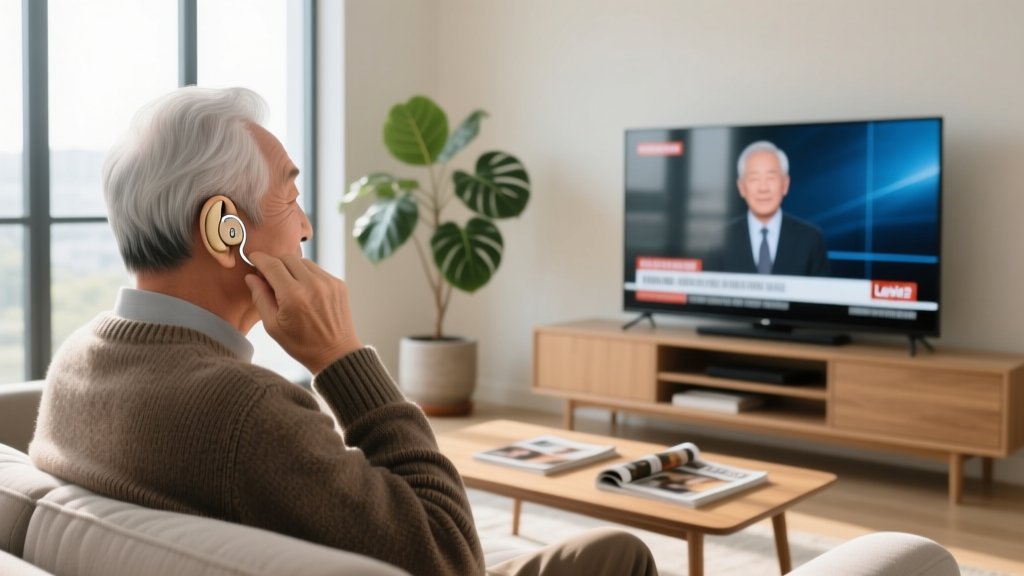Senior man adjusting a small beige Lexie B2 over-the-counter hearing aid behind his ear while watching television in the living room