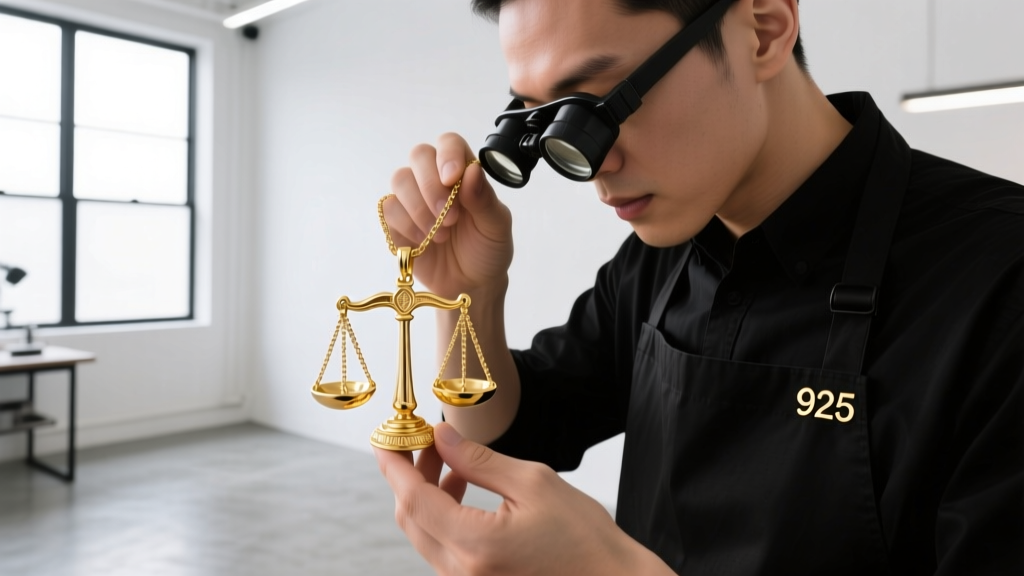 Jeweler using a loupe to inspect the 925 hallmark stamped on a gold vermeil scales of justice pendant in a brightly lit workshop