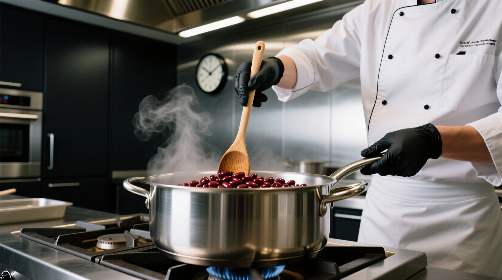 Chef stirring beans in a stainless steel pot