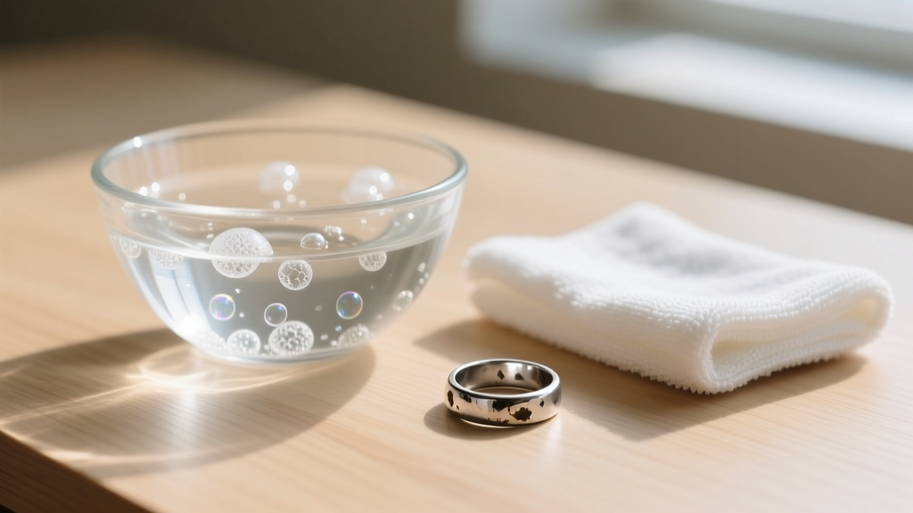 Glass bowl of soapy water, microfiber cloth, and a slightly tarnished sterling silver ring resting on a clean light wood surface.