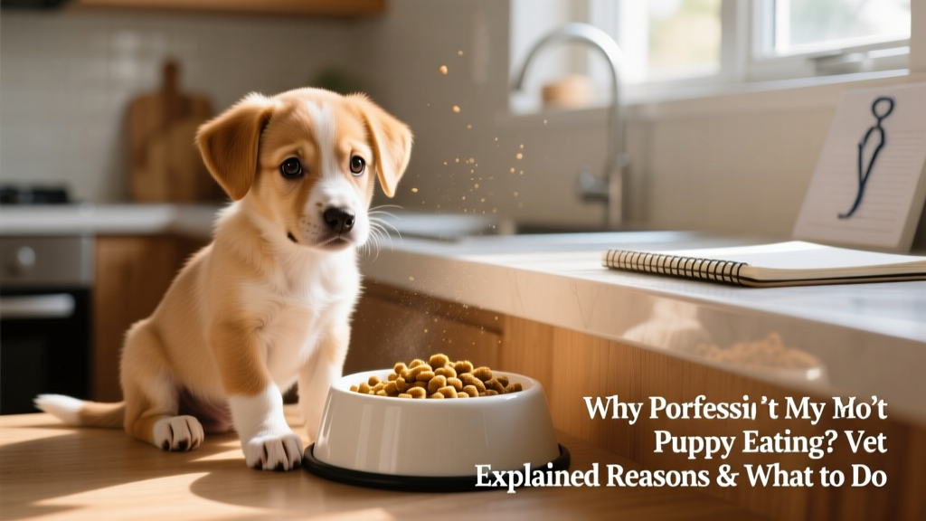 A curious, slightly hesitant puppy sitting near a clean food bowl with fresh kibble
