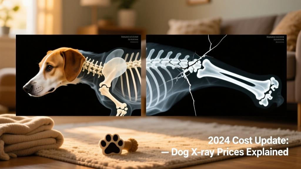 Side-by-side comparison showing a normal canine skeletal X-ray next to one revealing a fractured femur